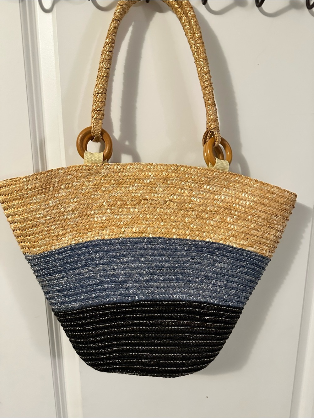 Woven Straw Colorblock Tote Bag - Blue, Black, Natural